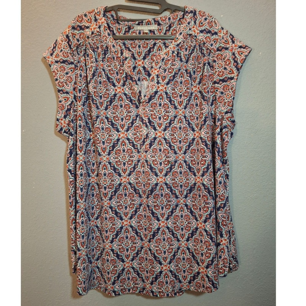 Daniel Rainn Women's 2X Medallion Paisley Split Neck Blouse Navy Orange - Picture 2 of 5